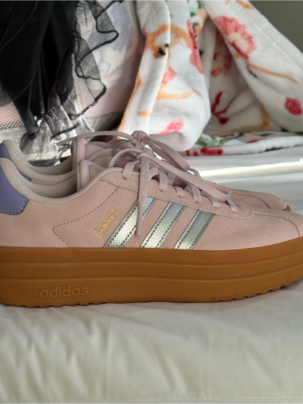 adidas Pink Suede Platform Sneakers with Silver Stripes and Gum Sole
